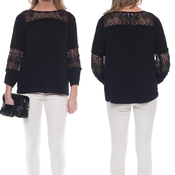 JOIE Black Coastal Silk Long Sleeve Lace Inset Blouse - Picture 1 of 9